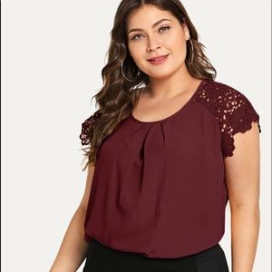 Shirred Neck Lace Shoulder Short Sleeve Blouse